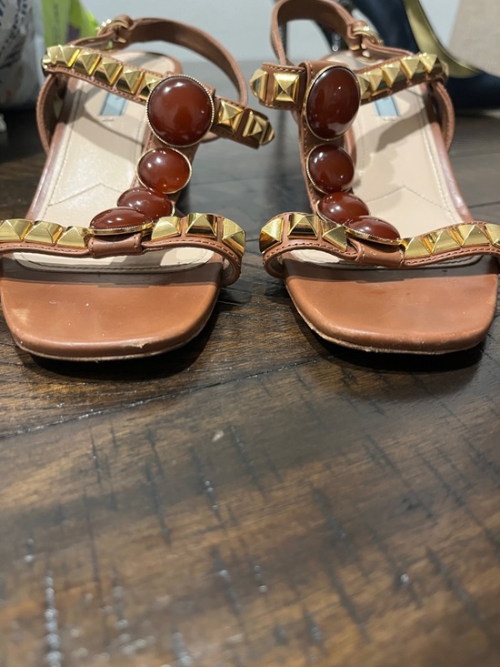 Prada Tan Leather Studded Slingback Sandals with Amber Beads - Picture 2 of 5